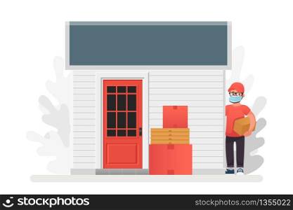Vector illustration No contact delivery. Entrance and shipping boxes. Order left near the door service. Self isolation and quarantine lifestyle.