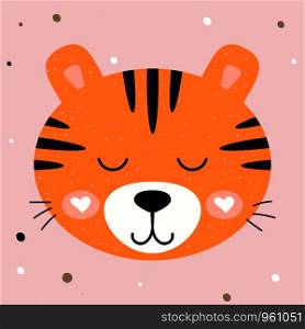 Vector illustration. Nursery cute tiger on pink background. Print for kids t-shirts, clothes, greeting cards.. Vector illustration. Nursery cute tiger on pink background. Prin