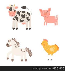 Vector illustration. Nursery print cute funny farm animals isolated on white background. Cow, pig, horse, chicken.. Vector illustration. Nursery print cute funny farm animals isolated on white background. Cow, pig, horse, chicken