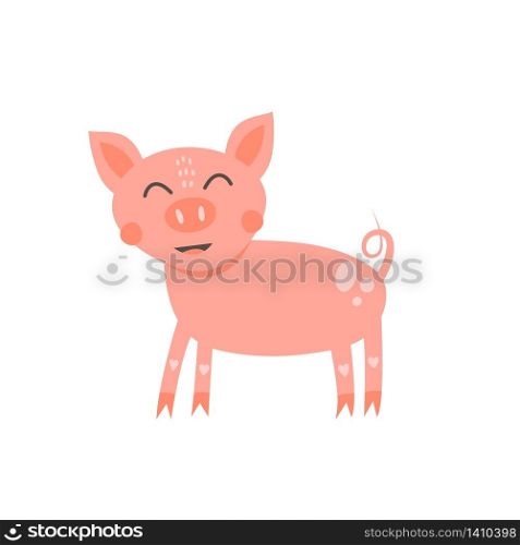Vector illustration. Nursery print cute funny pink pig isolated on white background. . Nursery print cute funny pink pig isolated on white background.