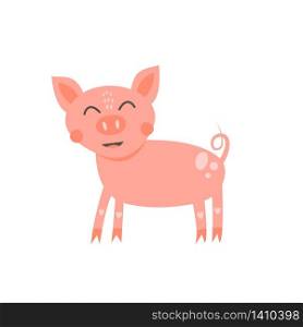 Vector illustration. Nursery print cute funny pink pig isolated on white background. . Nursery print cute funny pink pig isolated on white background.