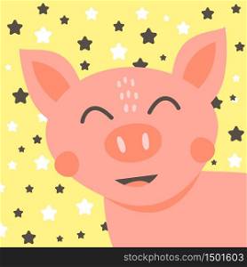 Vector illustration. Nursery print cute head funny pink pig.. Vector illustration. Nursery print cute head funny pink pig