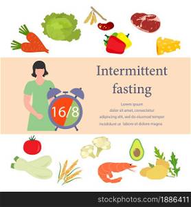 Vector illustration Nutrition Consultant explains Intermittent Fasting method 16/8, time-restricted eating to human Healthy lifestyle proper nutrition Diet food Weight loss Design for web print