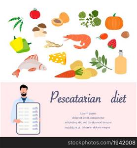 Vector illustration Nutrition Consultant Online explains Pescatarian diet. Organic Meal planning. Vegetarian diet food people. Healthy lifestyle proper nutrition. Weight loss. Design for web, print