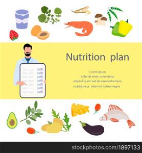 Vector illustration Nutritional consultant tells nutrition plan. Proper nutrition Organic Meal planning. Diet food people. Healthy lifestyle concept. Eating habits. Weight loss. Design web print