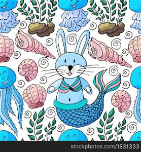 Vector illustration, ocean, underwater world, marine clipart. Seamless pattern for cards, flyers, banners, fabrics. Bunny mermaid algae jellyfish shells. Vector illustration, ocean, underwater world, marine clipart