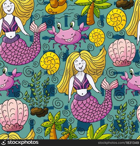 Vector illustration, ocean, underwater world, marine clipart. Seamless pattern for cards, flyers, banners, fabrics. Crab, palm mermaid shells on a green background. Vector illustration, ocean, underwater world, marine clipart