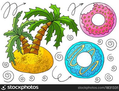 Vector illustration, ocean, underwater world, marine clipart. Set of Cartoon characters for cards, flyers, banners, children&rsquo;s books. Print for t-shirts. Island, palm trees, life buoy. Vector illustration, ocean, underwater world, marine clipart