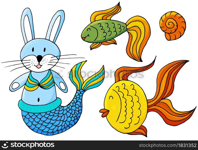 Vector illustration, ocean, underwater world, marine clipart. Set of Cartoon characters for cards, flyers, banners, children&rsquo;s books. Print for t-shirts. Bunny mermaid, fish, shell. Vector illustration, ocean, underwater world, marine clipart