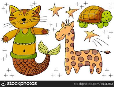 Vector illustration, ocean, underwater world, marine clipart. Set of Cartoon characters for cards, flyers, banners, children&rsquo;s books. Print for t-shirts. Mermaid cat, turtle, giraffe. Vector illustration, ocean, underwater world, marine clipart