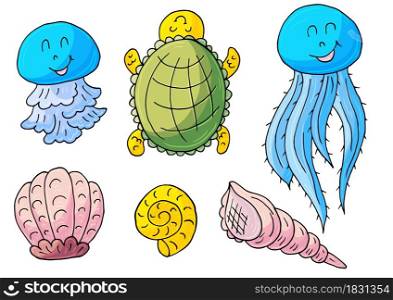 Vector illustration, ocean, underwater world, marine clipart. Set of Cartoon characters for cards, flyers, banners, children&rsquo;s books. Print for t-shirts. Seashells, Turtle, Jellyfish. Vector illustration, ocean, underwater world, marine clipart