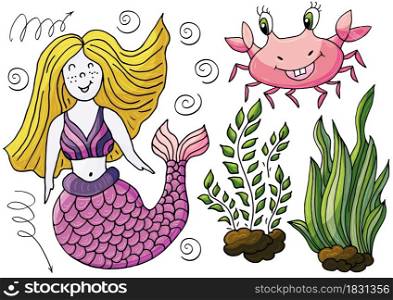 Vector illustration, ocean, underwater world, marine clipart. Set of Cartoon characters for cards, flyers, banners, children&rsquo;s books. Print for t-shirts. Seaweed, crab, mermaid. Vector illustration, ocean, underwater world, marine clipart