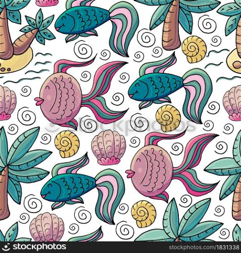 Vector illustration, ocean, underwater world, marine clipart. Summer style. Seamless pattern for cards, flyers, banners, fabrics. Fish shells and palm trees. Vector illustration, ocean, underwater world, marine clipart