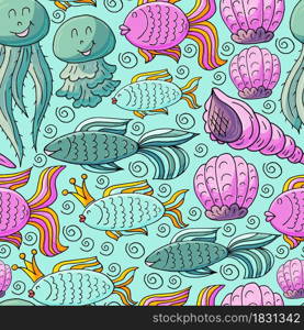 Vector illustration, ocean, underwater world, marine clipart. Summer style. Seamless pattern for cards, flyers, banners, fabrics Jellyfish fish shells. Vector illustration, ocean, underwater world, marine clipart