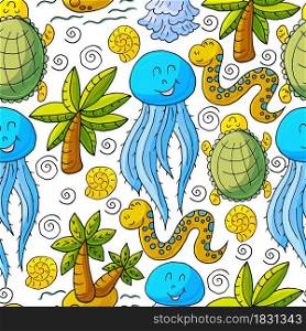 Vector illustration, ocean, underwater world, marine clipart. Summer style. Seamless pattern for cards, flyers, banners, fabrics. Palm tree turtle snake jellyfish. Vector illustration, ocean, underwater world, marine clipart