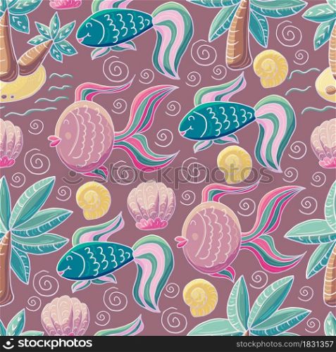 Vector illustration, ocean, underwater world, marine clipart. Summer style. Seamless pattern for cards, flyers, banners, fabrics. Fish, shells and palm trees on a pink background. Vector illustration, ocean, underwater world, marine clipart