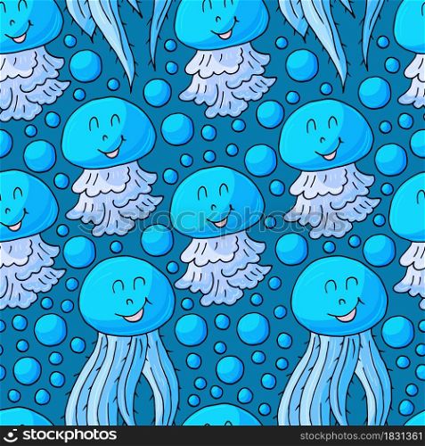 Vector illustration, ocean, underwater world, marine clipart. Summer style. Seamless pattern for cards, flyers, banners, fabrics. Jellyfish and drops of water on a blue background. Vector illustration, ocean, underwater world, marine clipart