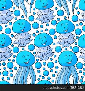 Vector illustration, ocean, underwater world, marine clipart. Summer style. Seamless pattern for cards, flyers, banners, fabrics. Jellyfish and drops of water on a white background. Vector illustration, ocean, underwater world, marine clipart