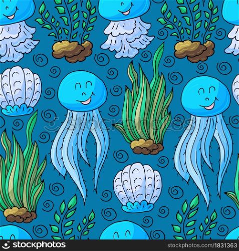 Vector illustration, ocean, underwater world, marine clipart. Summer style. Seamless pattern for cards, flyers, banners, fabrics. Jellyfish and seaweed on a blue background. Vector illustration, ocean, underwater world, marine clipart