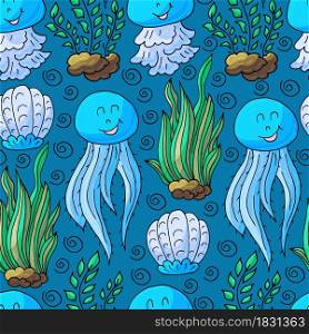 Vector illustration, ocean, underwater world, marine clipart. Summer style. Seamless pattern for cards, flyers, banners, fabrics. Jellyfish and seaweed on a blue background. Vector illustration, ocean, underwater world, marine clipart