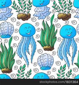 Vector illustration, ocean, underwater world, marine clipart. Summer style. Seamless pattern for cards, flyers, banners, fabrics. Jellyfish and seaweed on a white background. Vector illustration, ocean, underwater world, marine clipart