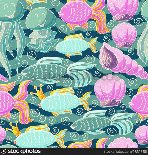 Vector illustration, ocean, underwater world, marine clipart. Summer style. Seamless pattern for cards, flyers, banners, fabrics. Jellyfish, fish shells on a blue background. Vector illustration, ocean, underwater world, marine clipart