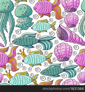 Vector illustration, ocean, underwater world, marine clipart. Summer style. Seamless pattern for cards, flyers, banners, fabrics. Jellyfish, fish shells on a white background. Vector illustration, ocean, underwater world, marine clipart