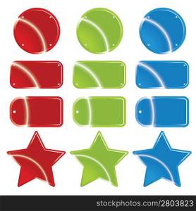 Vector illustration of 12 glossy metallic retail stickers and tags with beautiful reflective surfaces. Customizable.