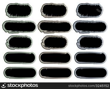 Vector illustration of 15 grunge style stickers or frames with detailed cracks and washed out textures.