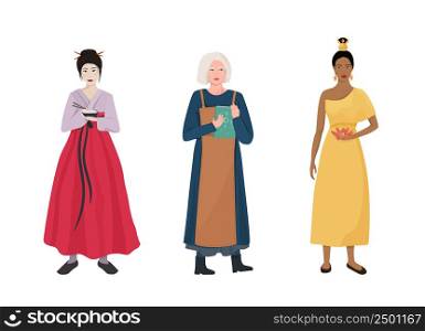 Vector illustration of 3 girls from Thailand, China and Scandinavia. Women from Asia and Europe, traditions and customs