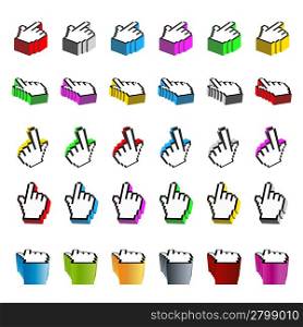 Vector illustration of 30 different browsing hand computer cursors and pointers in various colors. Shaded in 3D. Clean and detailed.
