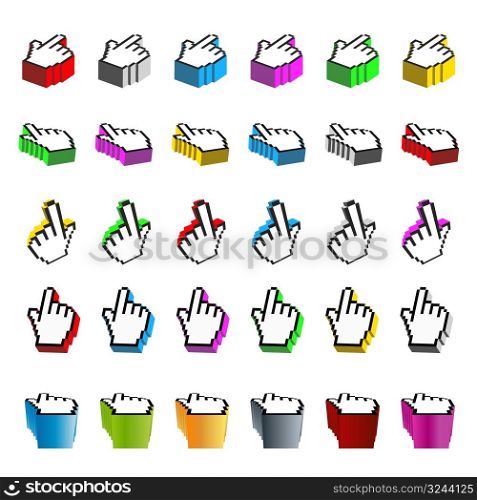 Vector illustration of 30 different browsing hand computer cursors and pointers in various colours. Shaded in 3D. Clean and detailed.