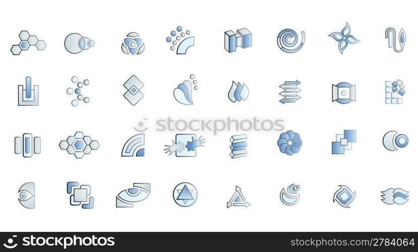 Vector illustration of 32 modern logo designs in blue, cyan, platinum and black.