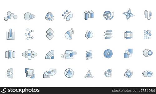 Vector illustration of 32 modern logo designs in blue, cyan, platinum and black.