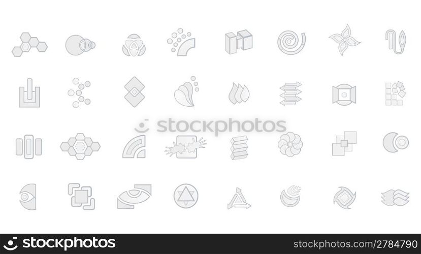 Vector illustration of 32 modern logo designs in gray, white and black.