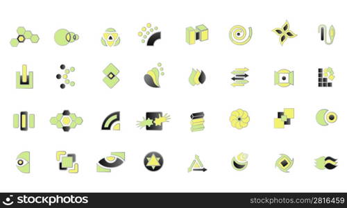 Vector illustration of 32 modern logo designs in green, yellow and black colors.