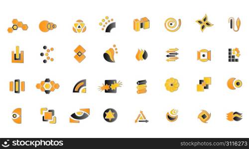 Vector illustration of 32 modern logo designs in orange, yellow and black colors.