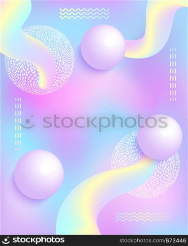 Vector illustration of 3d balls and pipes on holographic background. Abstract design.