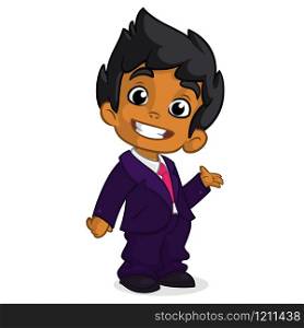 Vector illustration of a arab boy in man&rsquo;s clothes. Cartoon of a young boy dressed up in a mans business blue suit presenting. Cartoon arab boy in suite