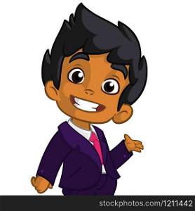Vector illustration of a arab boy in man&rsquo;s clothes. Cartoon of a young boy dressed up in a mans business blue suit presenting. Cartoon arab boy in suite