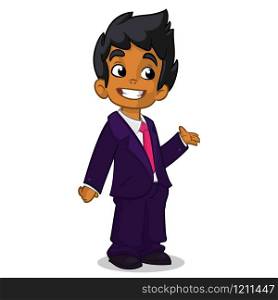 Vector illustration of a arab boy in man&rsquo;s clothes. Cartoon of a young boy dressed up in a mans business blue suit presenting. Office worker. Cartoon arab boy in suite