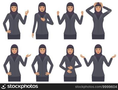   vector illustration of a arab woman character expressions with hands gesture, cartoon muslim businesswoman wit different emotion 