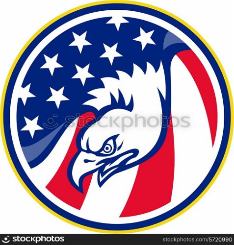vector illustration of a bald eagle flying with american stars stripes flag set inside circle on isolated white background.