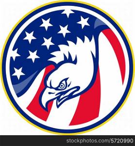 vector illustration of a bald eagle flying with american stars stripes flag set inside circle on isolated white background.
