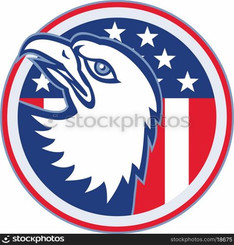 vector illustration of a bald eagle head looking up with american stars stripes flag set inside circle on isolated white background.