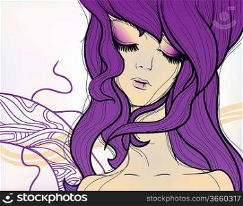 vector illustration of a beautiful dreaming girl with bright violet hair