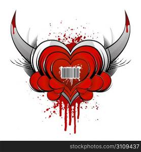 Vector illustration of a beautiful emblem heart with horns, blood splatters and a barcode dirty grunge symbol in the middle.