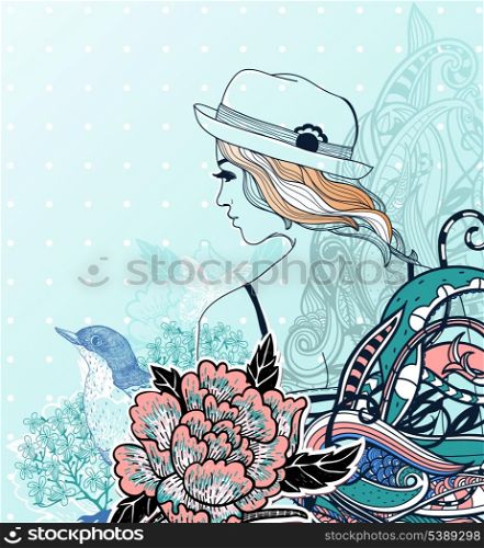 vector illustration of a beautiful girl and vintage floral elements