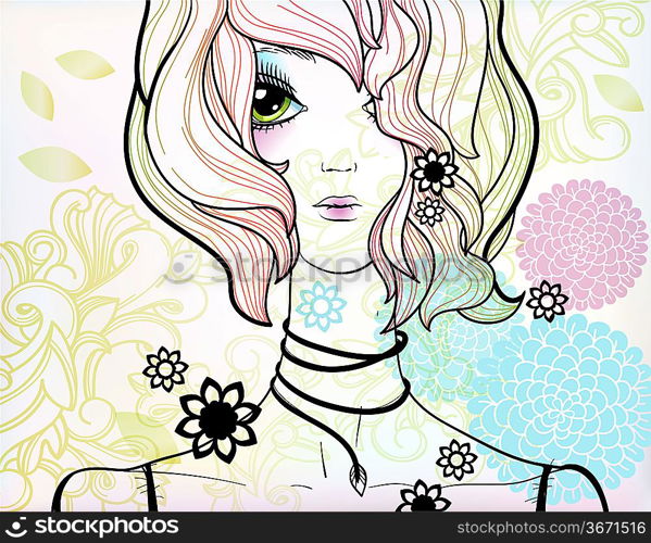 vector illustration of a beautiful girl on a floral background