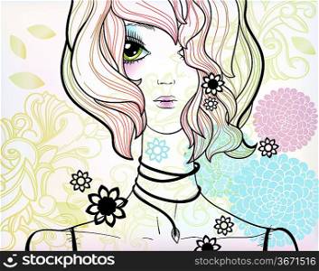vector illustration of a beautiful girl on a floral background